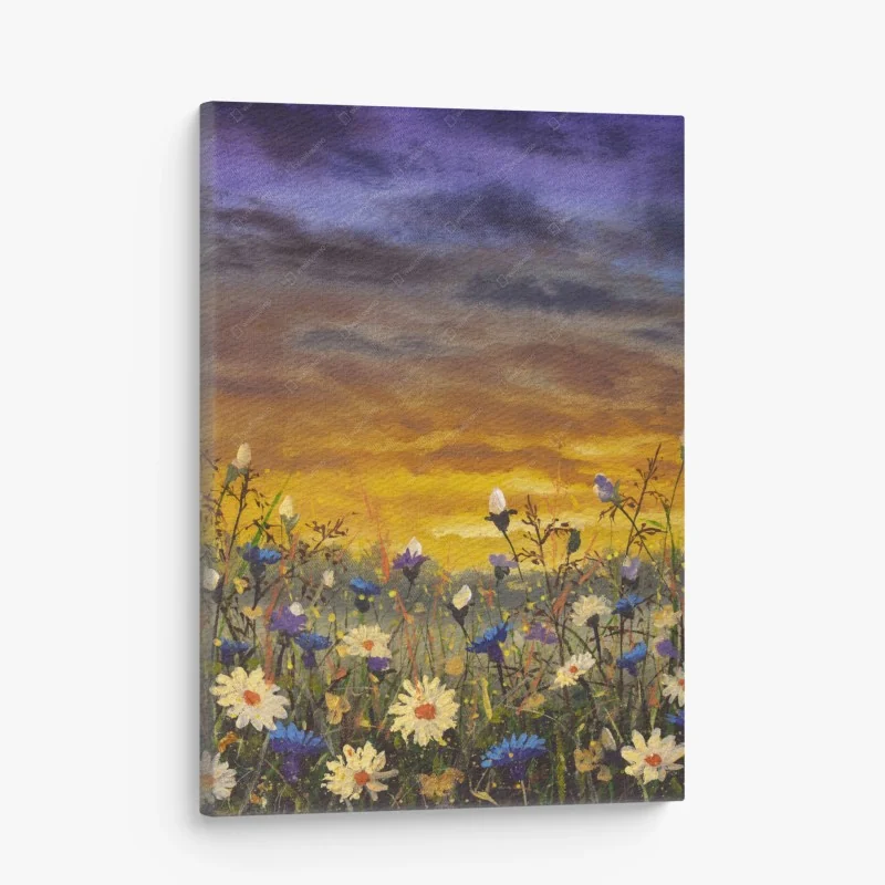 Quadro su tela campo di margherite al tramonto in stile impressionista