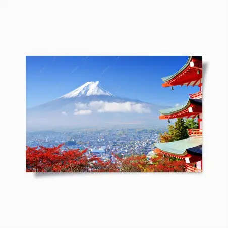 Poster vista panoramica del Monte Fuji con pagoda in autunno • Wallissimo®