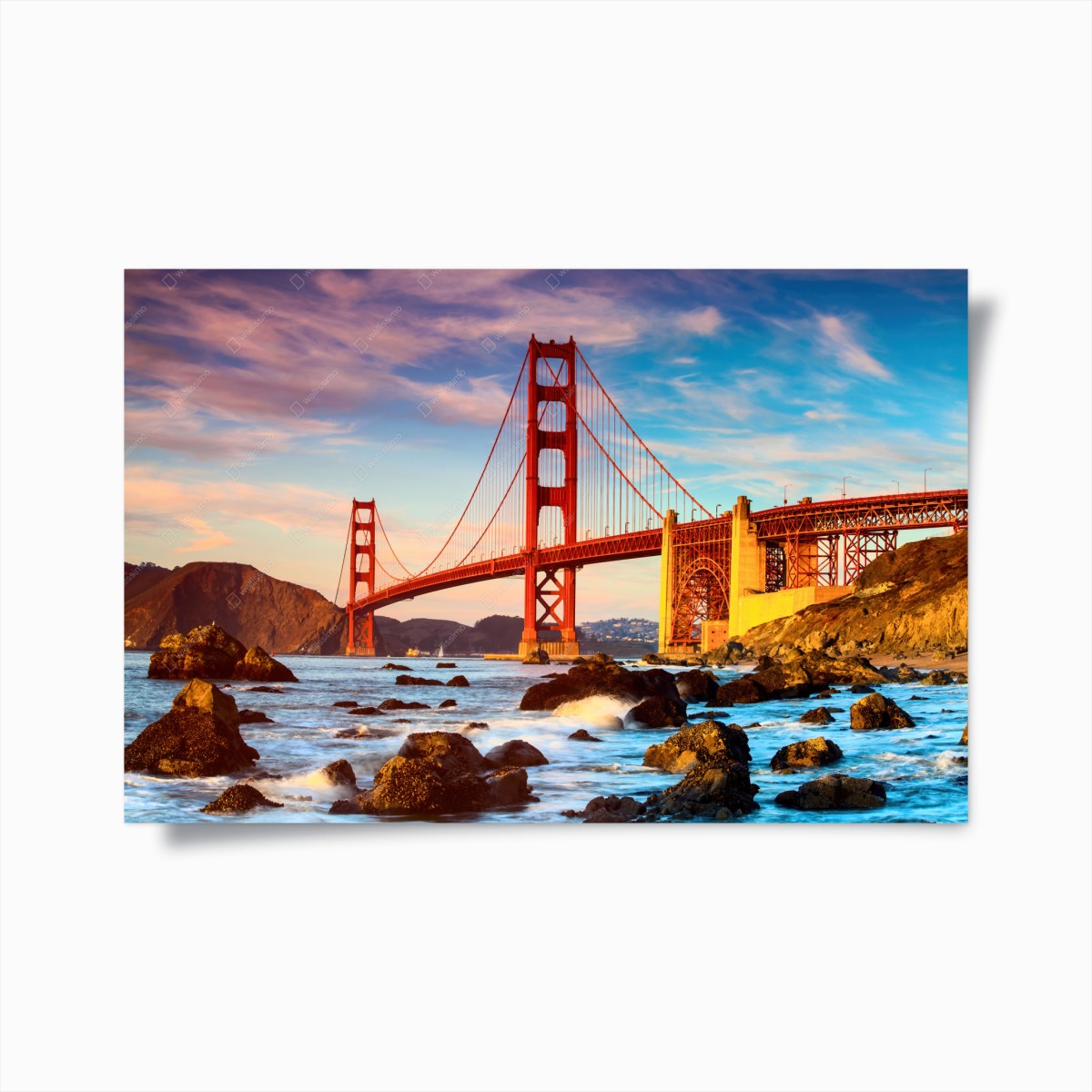 Poster vista iconica del Golden Gate al tramonto • Wallissimo®