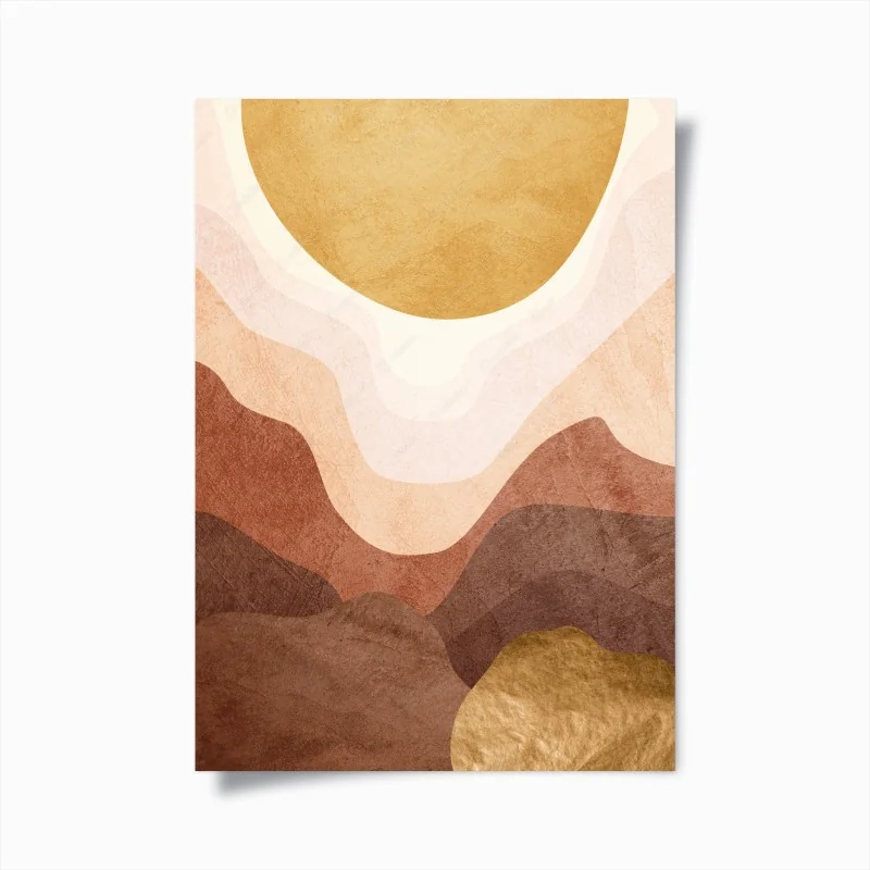Poster paesaggio astratto con sole dorato e colline stratificate