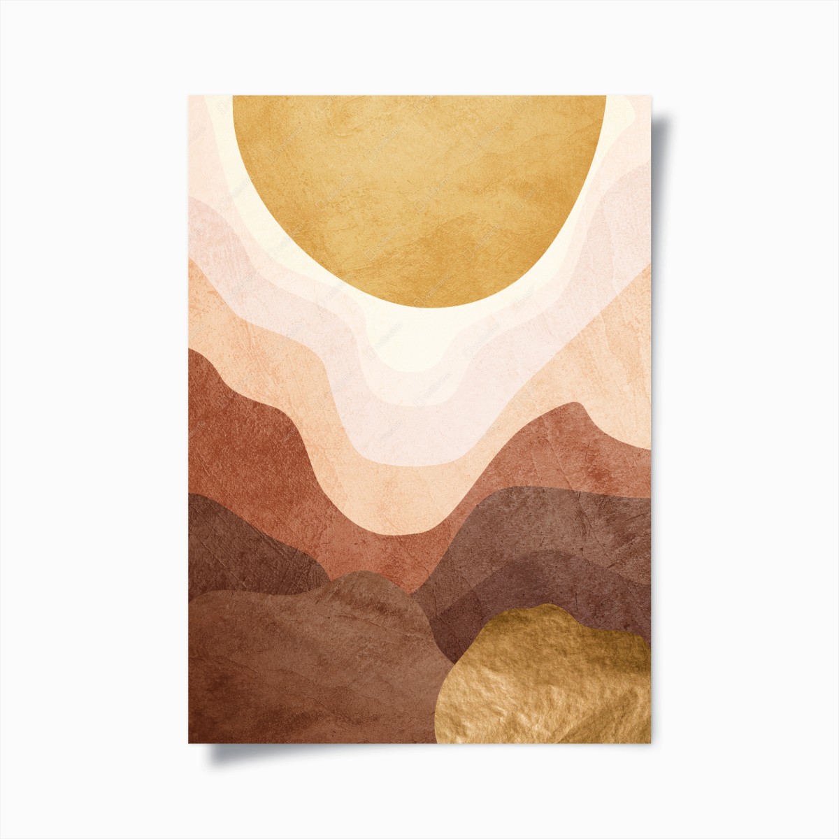 Poster paesaggio astratto con sole dorato e colline stratificate • Wallissimo®
