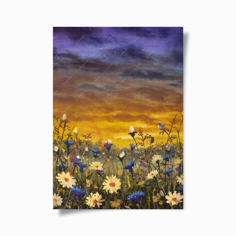 Poster campo di margherite al tramonto in stile impressionista