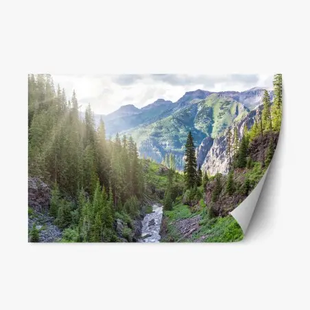 Adesivo riposizionabile panorama montano tra pini e gole • Wallissimo®