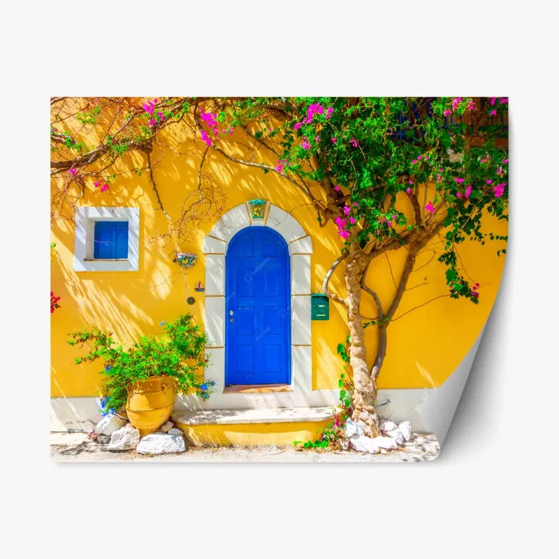 Adesivo riposizionabile porta ad arco blu su muro giallo di Assos, Kefalonia