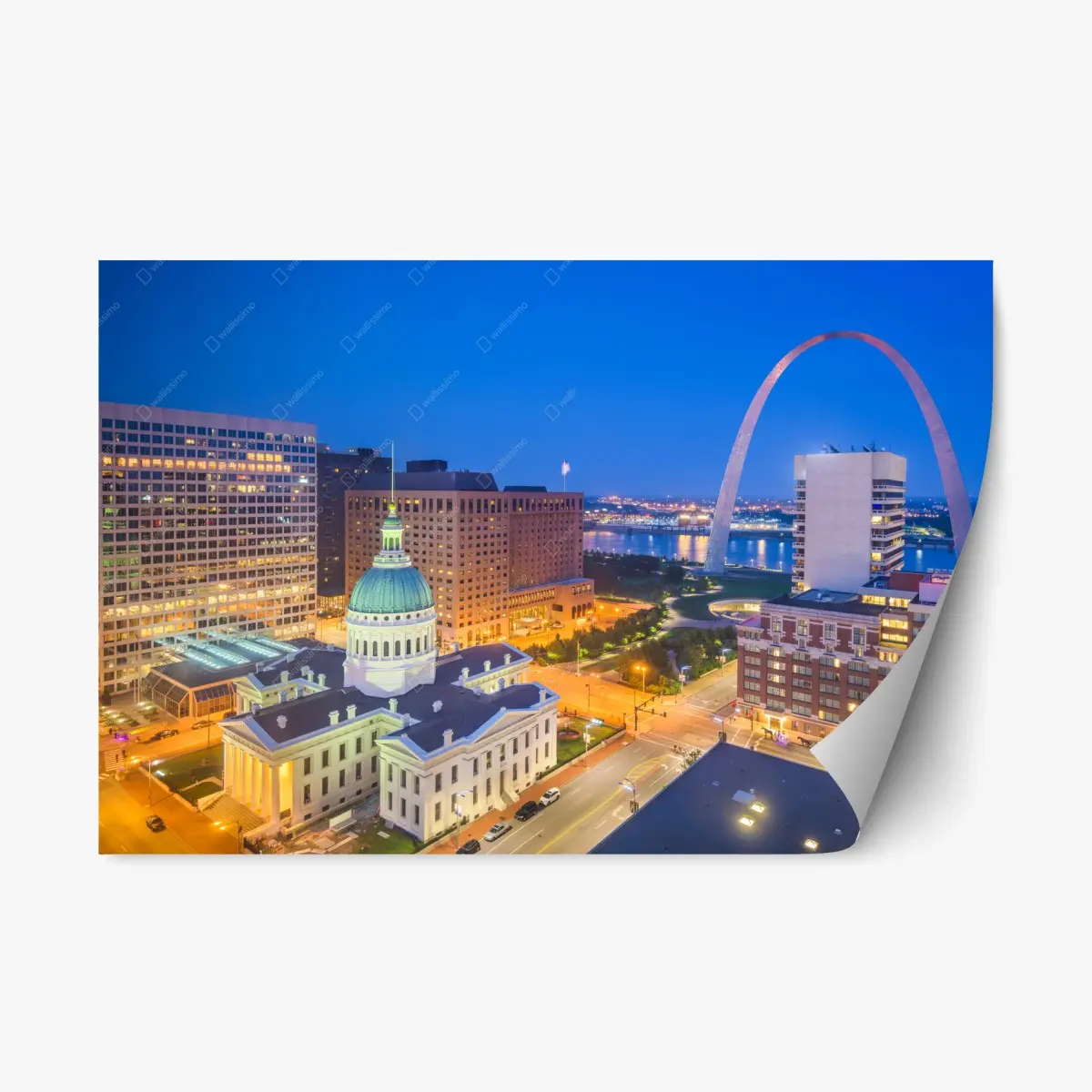 Adesivo riposizionabile notte sullo skyline di St. Louis con l'arco • Wallissimo®