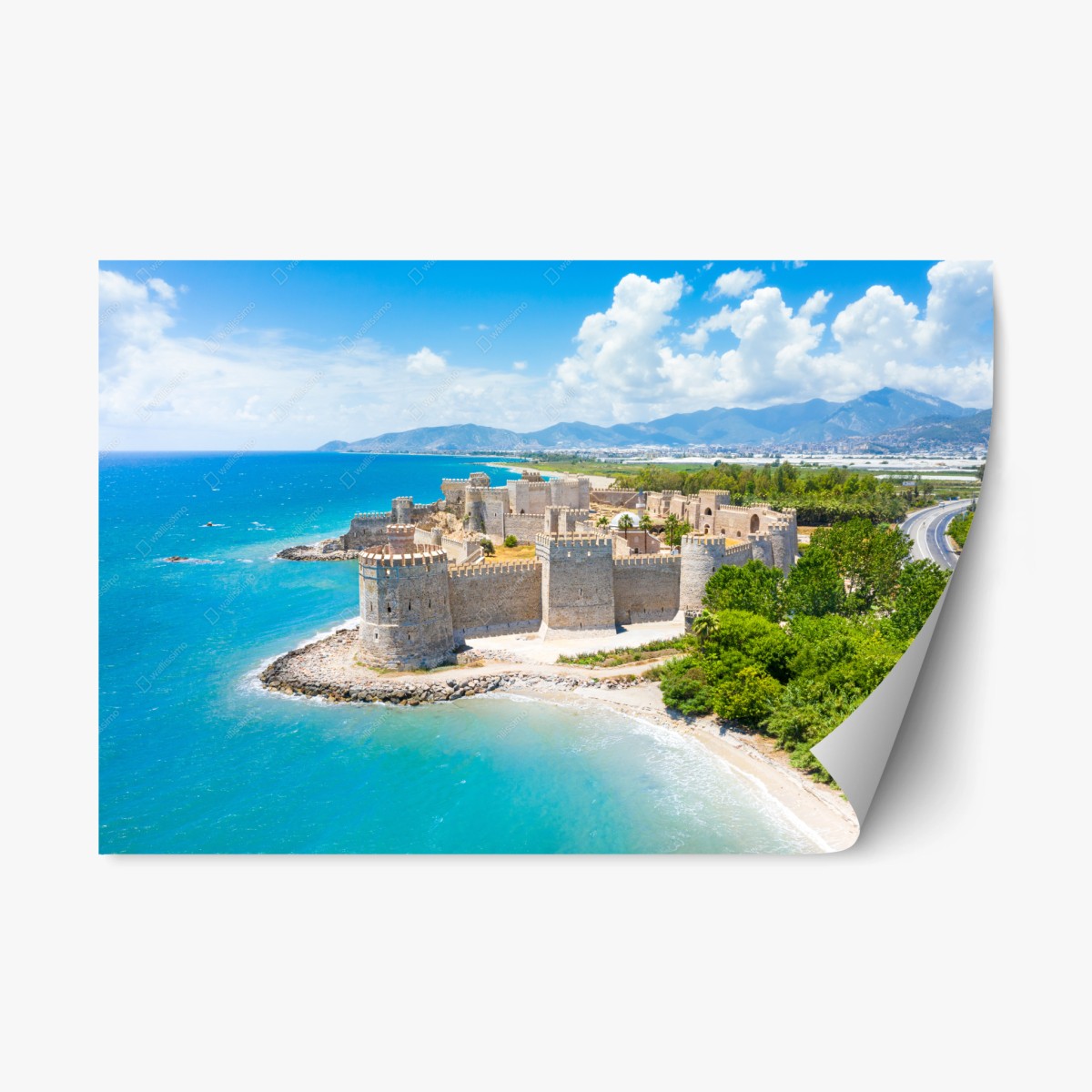 Adesivo riposizionabile fortezza sul mare turchese • Wallissimo® Adesivo riposizionabile fortezza sul mare turchese • Wallissimo®