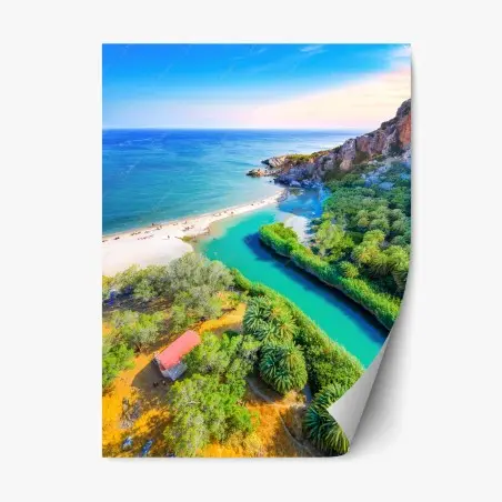 Adesivo riposizionabile baia turchese con palme e spiaggia dorata • Wallissimo®