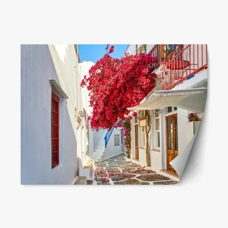 Adesivo riposizionabile vicoletto fiorito con bougainvillea • Wallissimo®