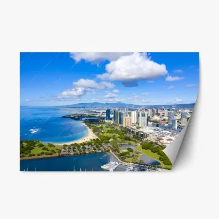 Adesivo riposizionabile panorama costiero di Honolulu con skyline e spiaggia • Wallissimo®