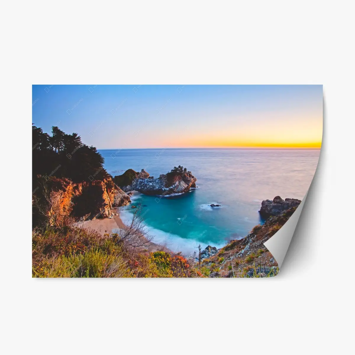 Adesivo riposizionabile baia rocciosa al tramonto • Wallissimo®