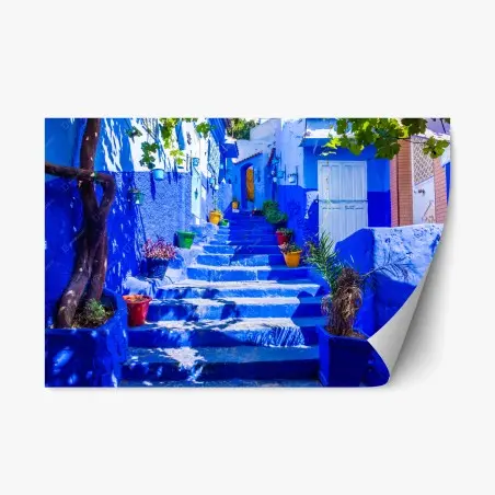 Adesivo riposizionabile scalinata blu di Chefchaouen • Wallissimo®