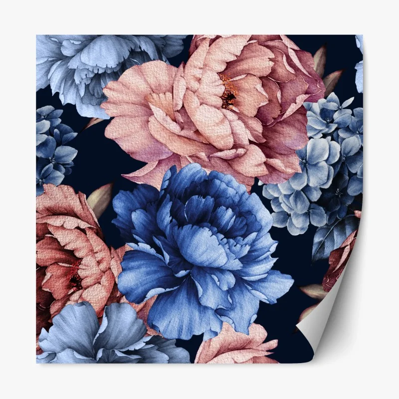 Adesivo riposizionabile peonie acquerello su fondo blu notte