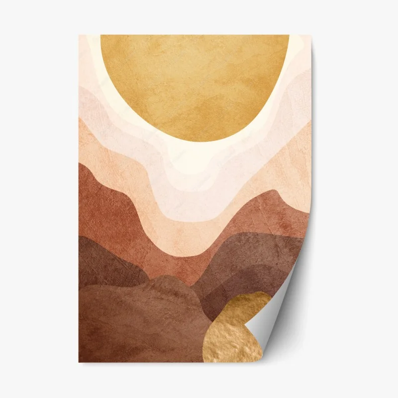 Adesivo riposizionabile paesaggio astratto con sole dorato e colline stratificate