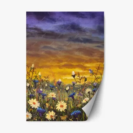 Adesivo riposizionabile campo di margherite al tramonto in stile impressionista • Wallissimo®