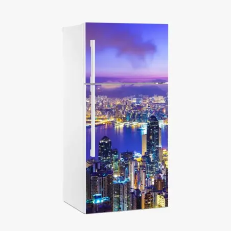 Adesivo per frigorifero alba su Hong Kong: panorama urbano luminoso • Wallissimo®