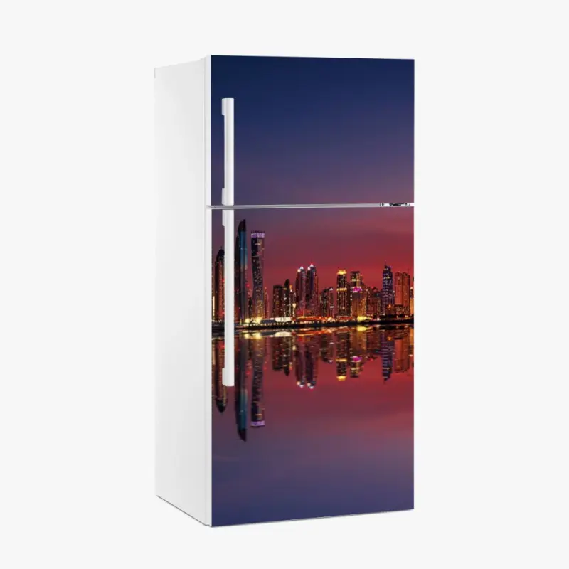 Adesivo per frigorifero skyline notturno di Dubai con riflesso spettacolare