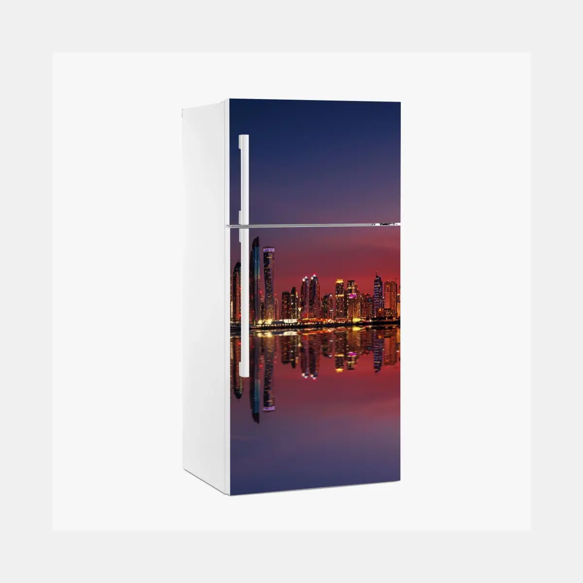 Adesivo per frigorifero skyline notturno di Dubai con riflesso spettacolare • Wallissimo®