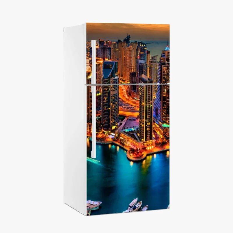 Adesivo per frigorifero panorama notturno di Dubai Marina