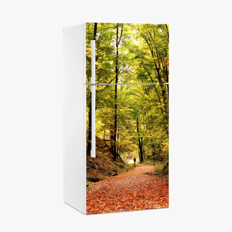 Adesivo per frigorifero sentiero dorato nel bosco autunnale