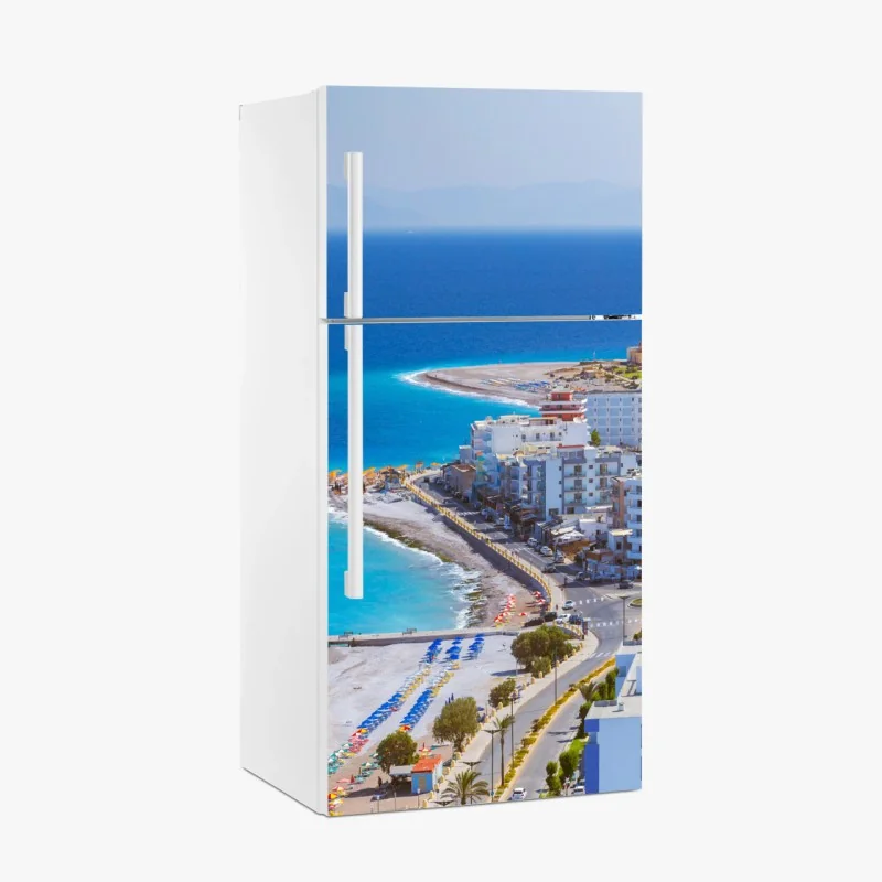 Adesivo per frigorifero ombrelloni colorati sulla costa di Rodi