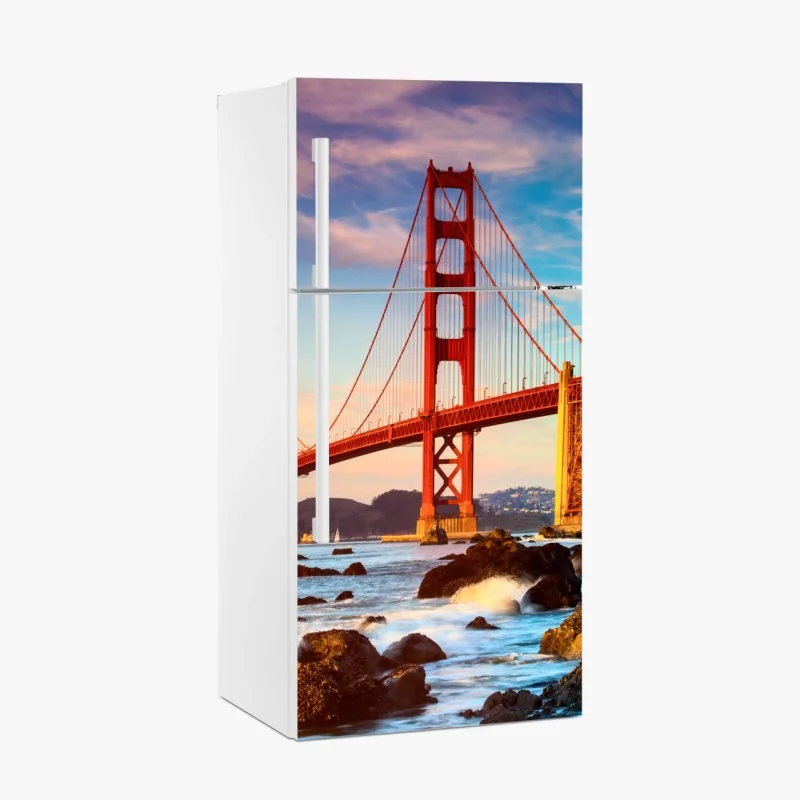 Adesivo per frigorifero vista iconica del Golden Gate al tramonto