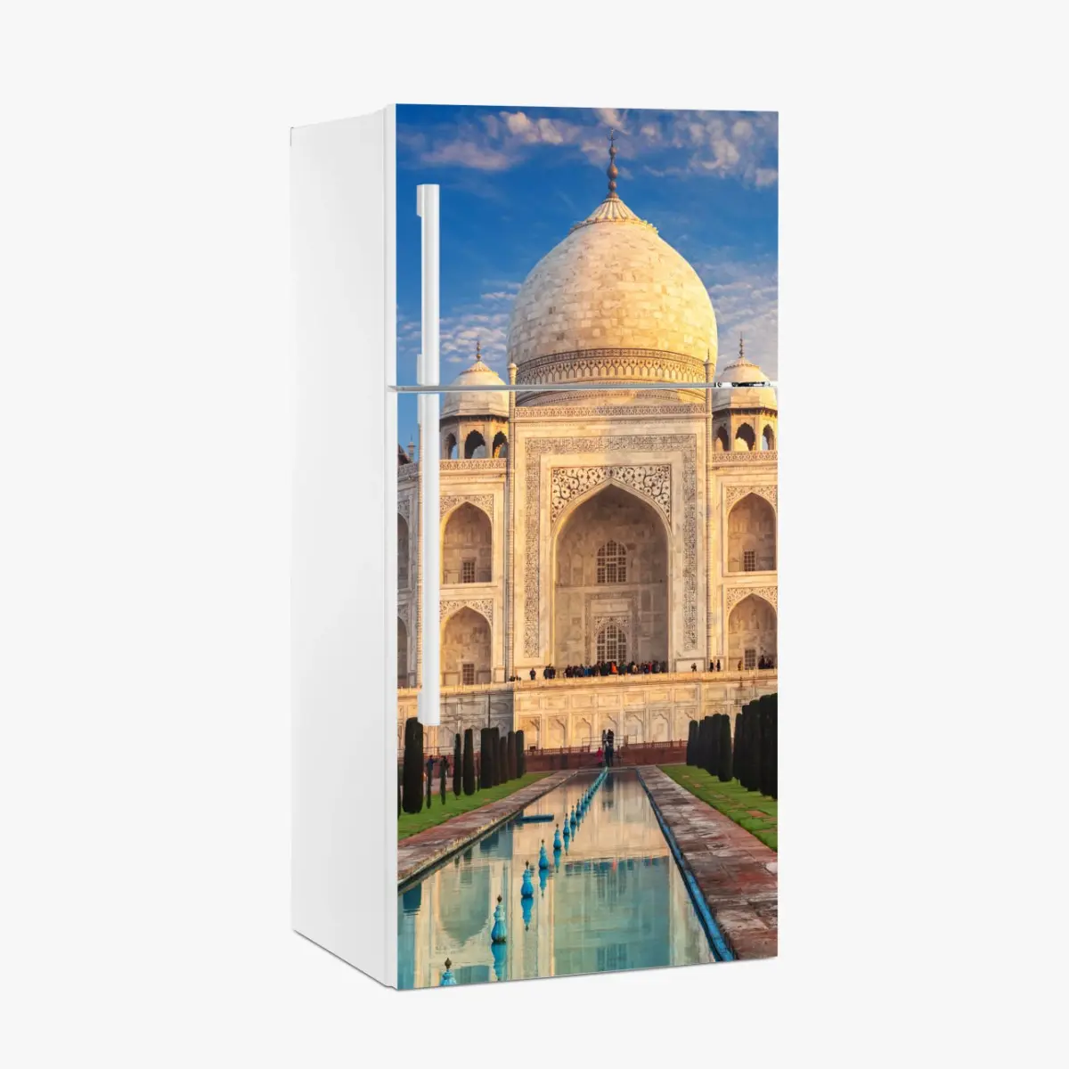 Adesivo per frigorifero Taj Mahal all'alba: capolavoro di marmo • Wallissimo®