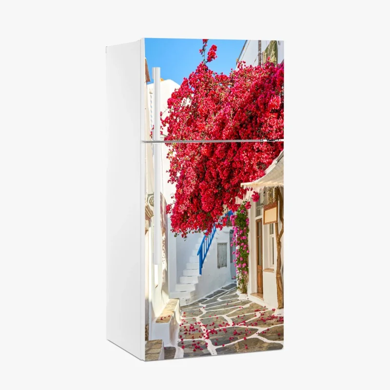 Adesivo per frigorifero vicoletto fiorito con bougainvillea