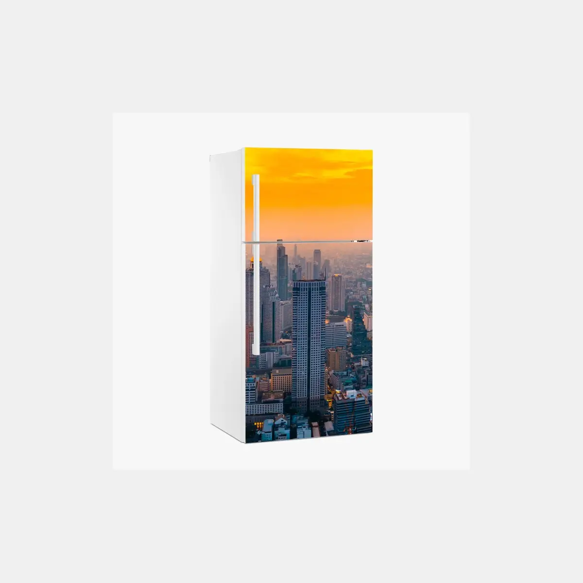 Adesivo per frigorifero tramonto dorato sulla metropoli • Wallissimo®