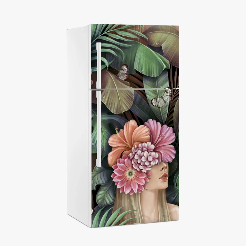 Adesivo per frigorifero ritratto floreale tropicale su sfondo botanico