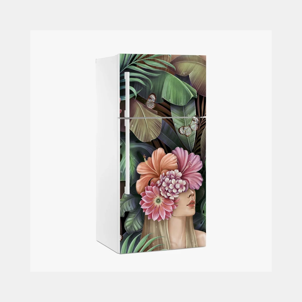 Adesivo per frigorifero ritratto floreale tropicale su sfondo botanico • Wallissimo® Adesivo per frigorifero ritratto floreale tropicale su sfondo botanico • Wallissimo®