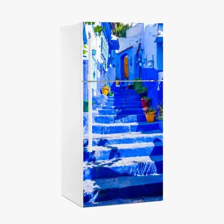 Adesivo per frigorifero scalinata blu di Chefchaouen • Wallissimo®