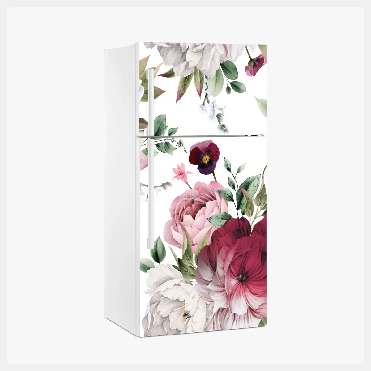 Adesivo per frigorifero motivo di peonie acquerellate su sfondo chiaro • Wallissimo®