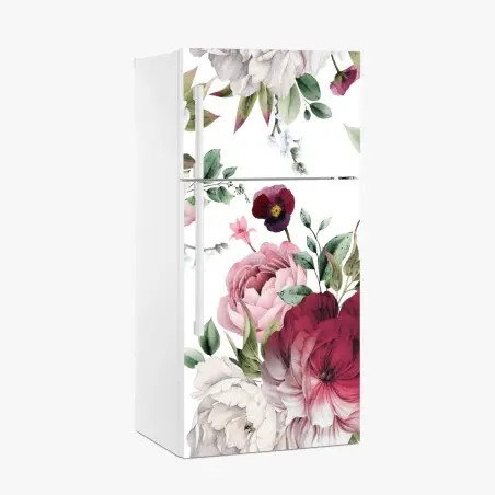 Adesivo per frigorifero motivo di peonie acquerellate su sfondo chiaro • Wallissimo®