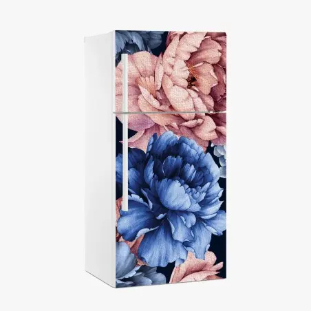 Adesivo per frigorifero peonie acquerello su fondo blu notte • Wallissimo®
