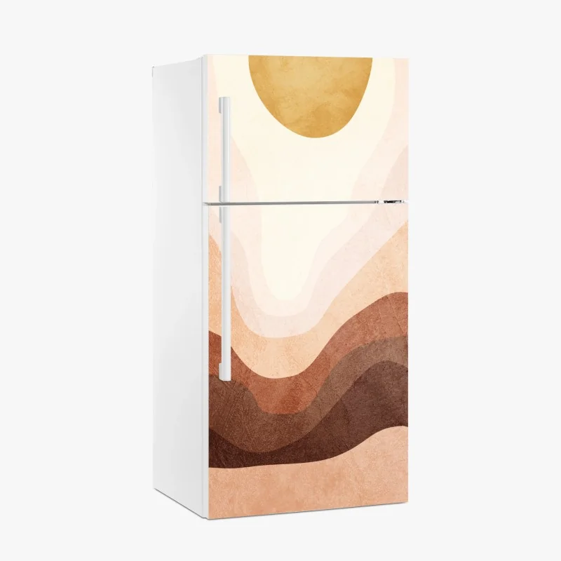 Adesivo per frigorifero orizzonte terroso astratto con sole dorato