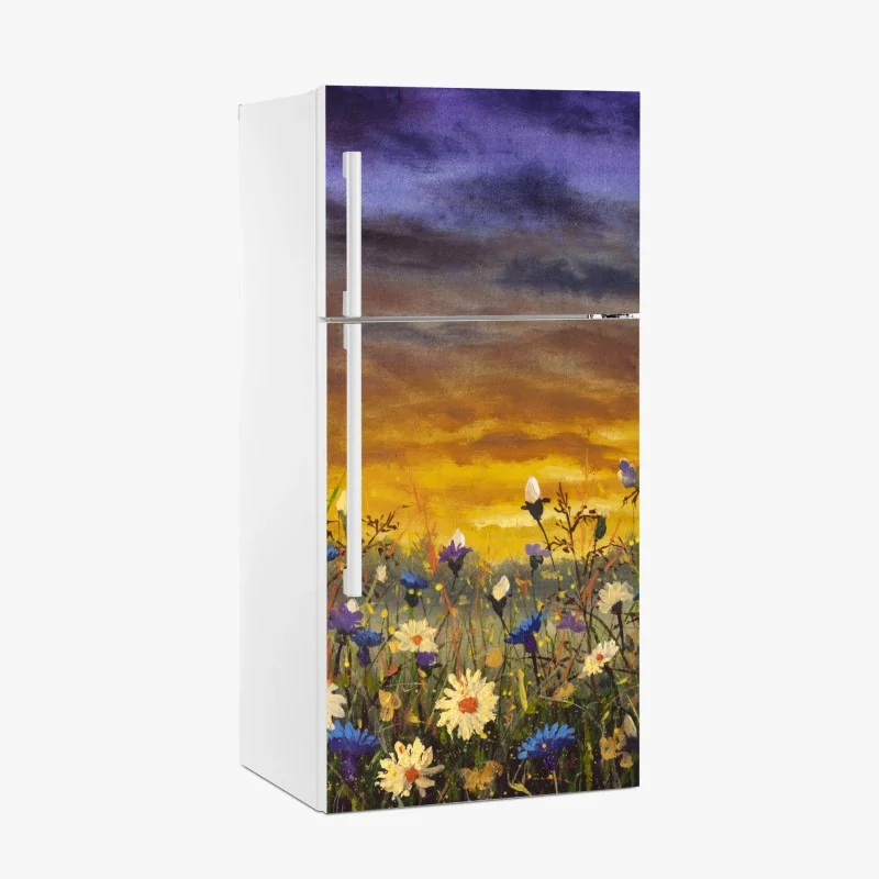 Adesivo per frigorifero campo di margherite al tramonto in stile impressionista