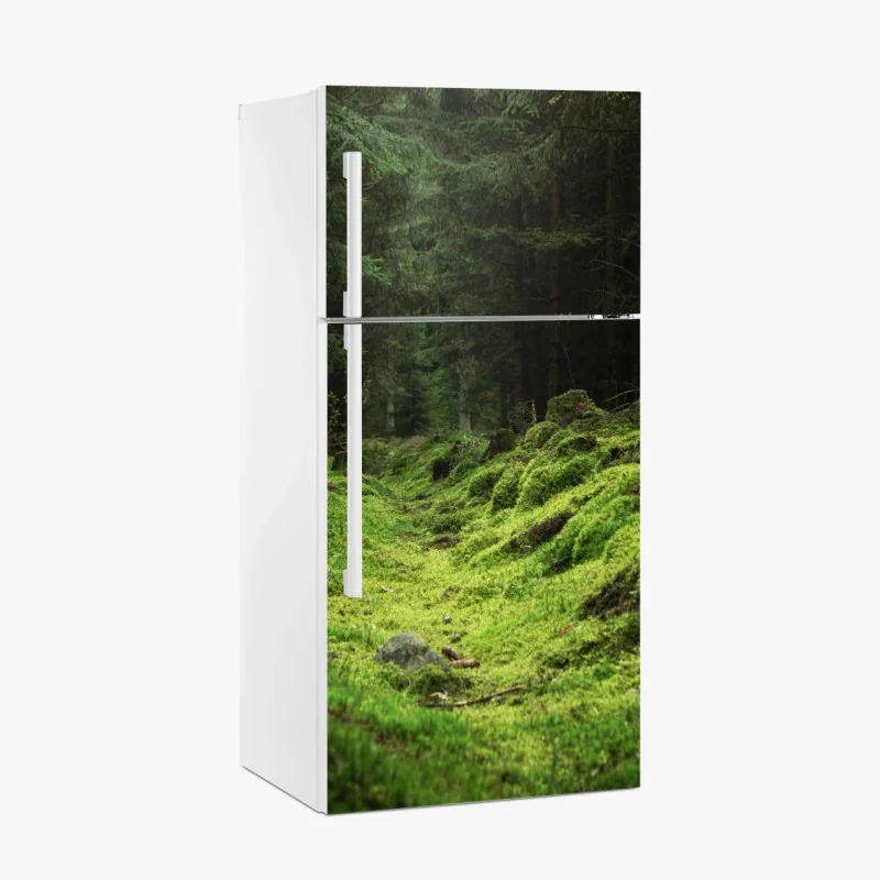 Adesivo per frigorifero bosco di muschio: scena verde e misteriosa