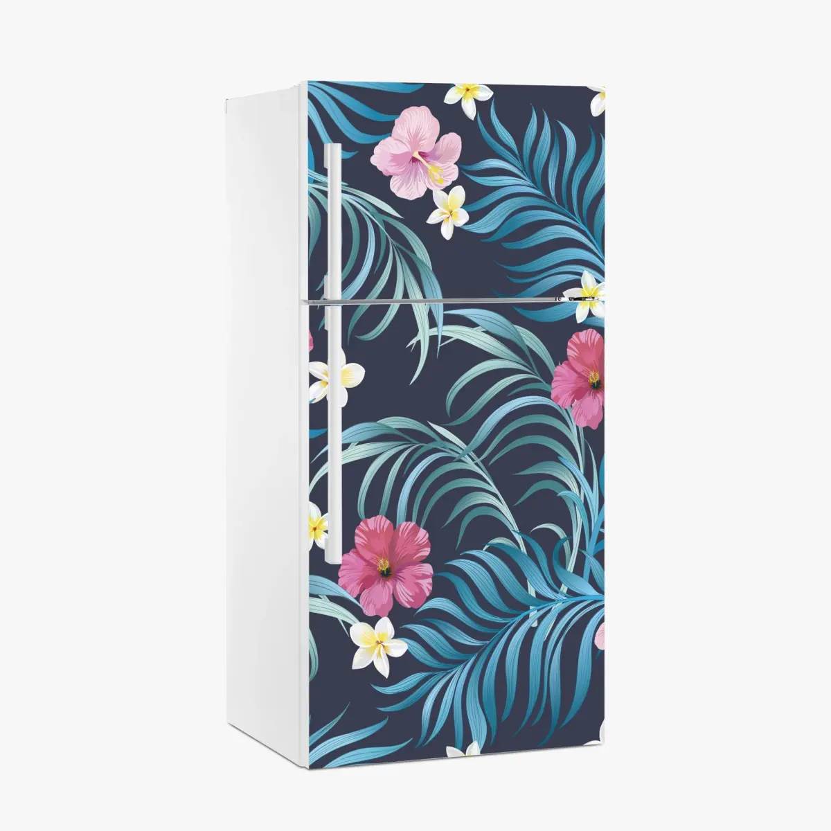 Adesivo per frigorifero motivo tropicale con hibiscus e foglie blu • Wallissimo®