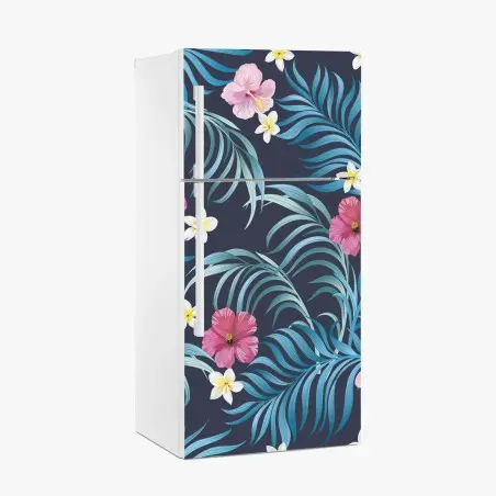 Adesivo per frigorifero motivo tropicale con hibiscus e foglie blu • Wallissimo®