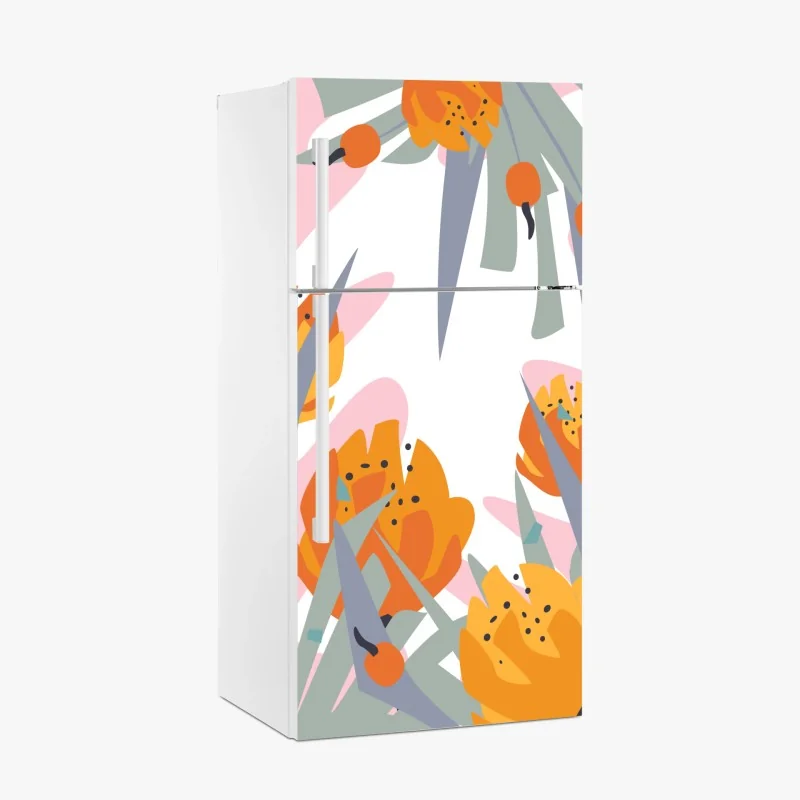 Adesivo per frigorifero motivo botanico astratto in arancione e rosa