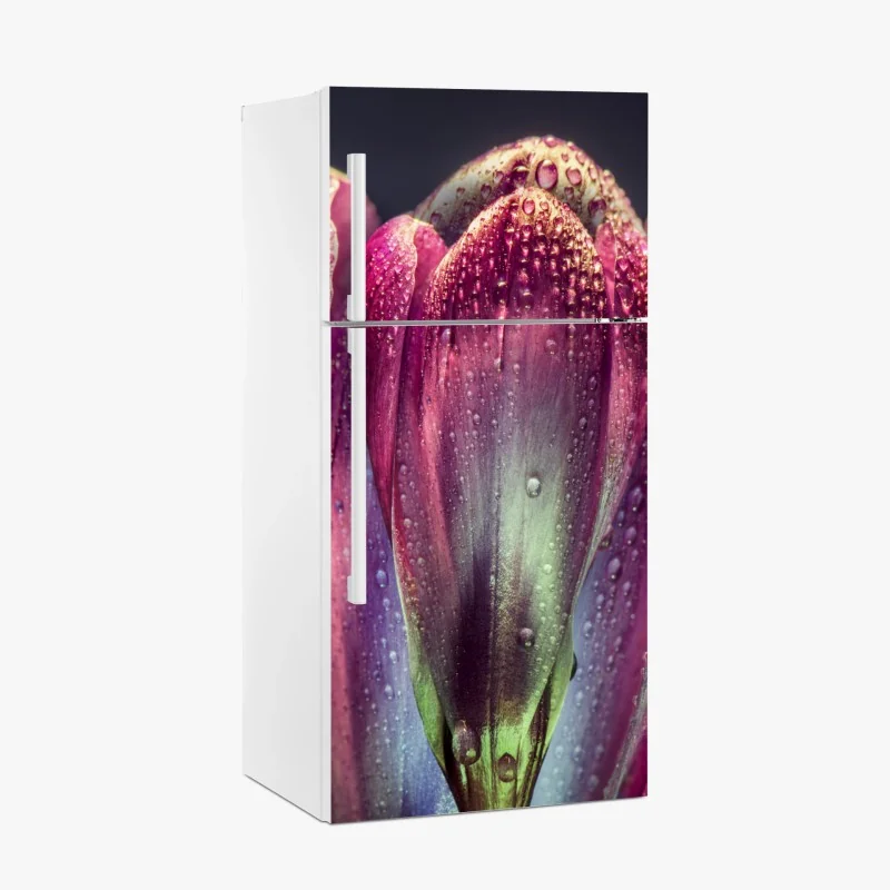 Adesivo per frigorifero bocciolo viola con gocce di rugiada