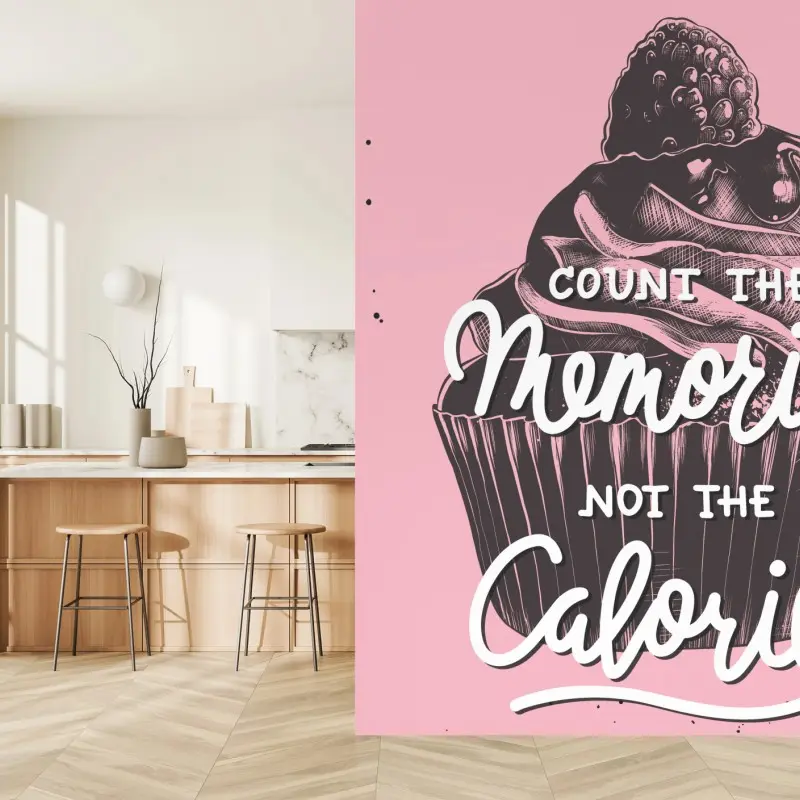 Carta da parati cupcake con lettering motivazionale: conta i ricordi, non le calorie