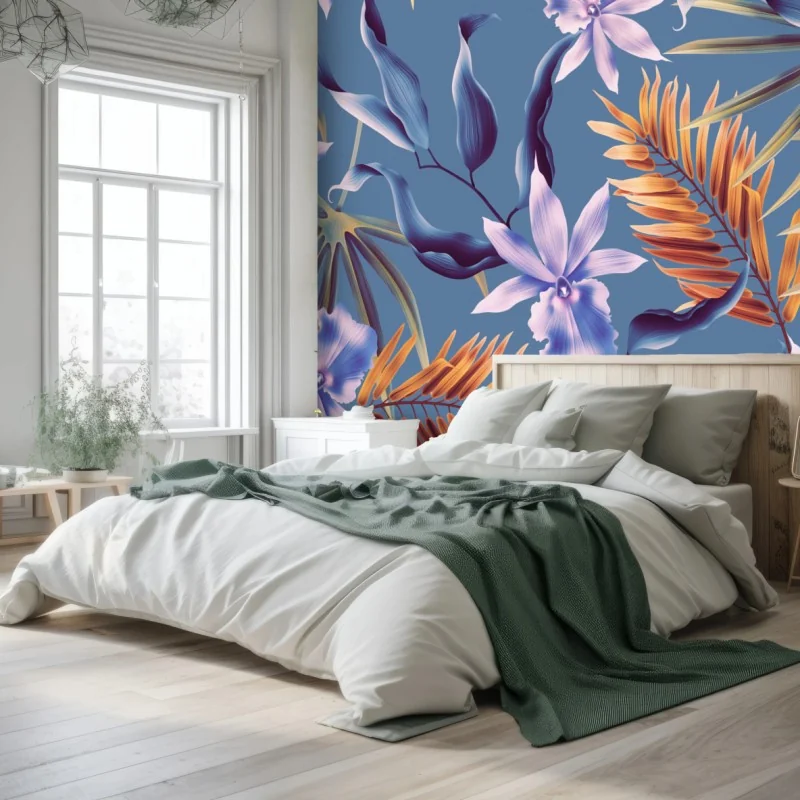 Carta da parati motivo tropicale di orchidee su sfondo blu