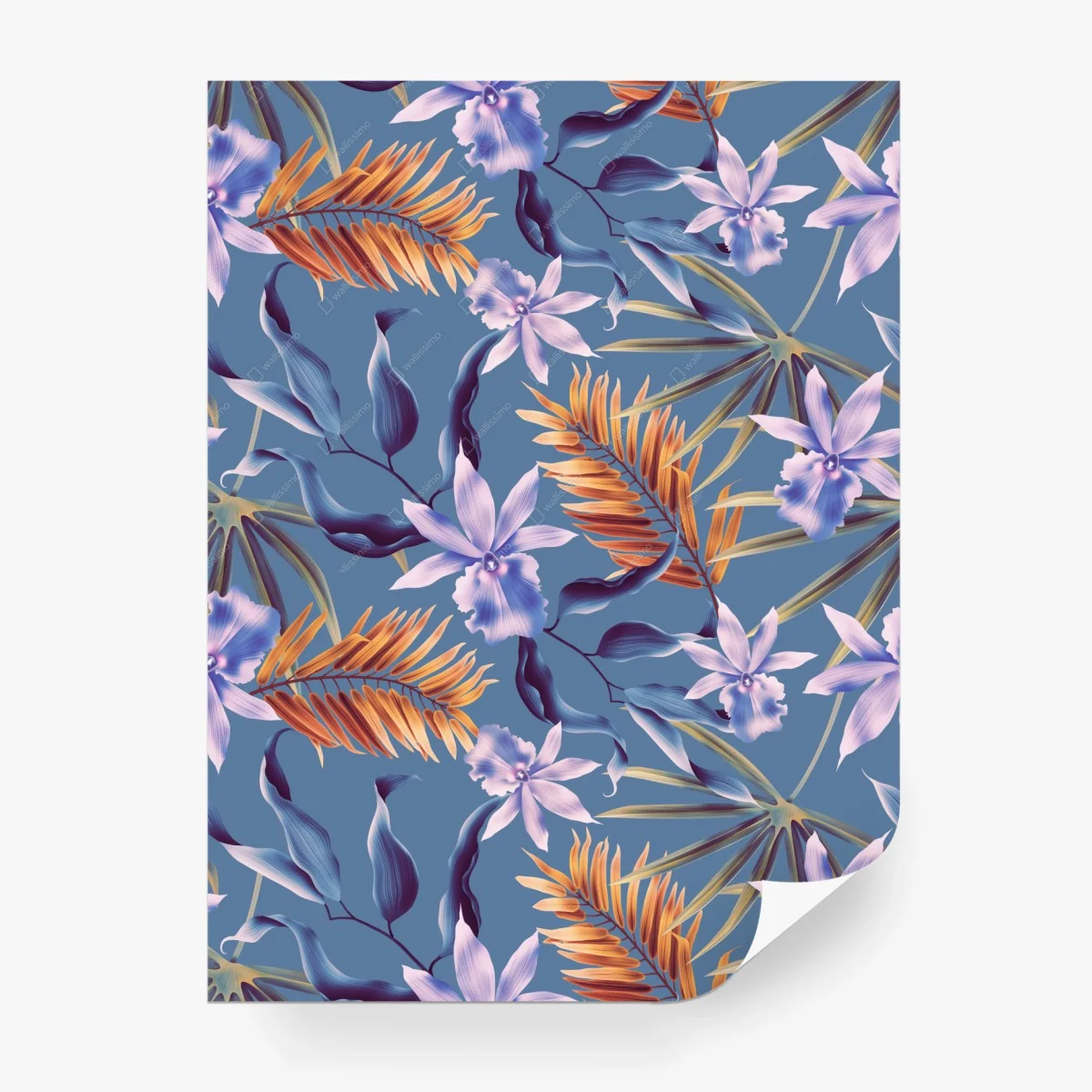 Carta da parati motivo tropicale di orchidee su sfondo blu • Wallissimo®