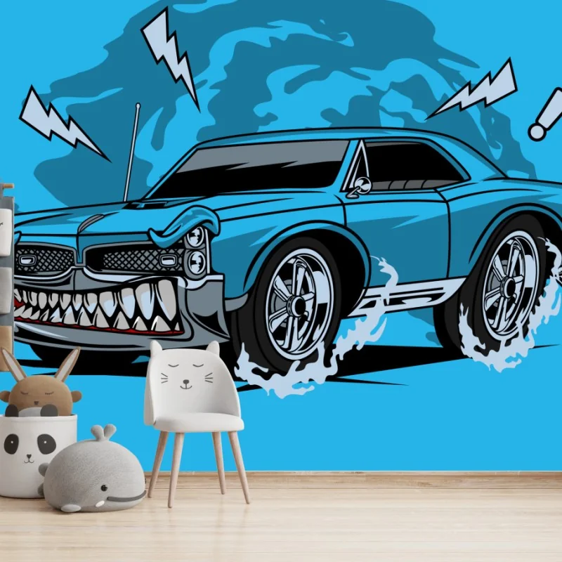 Carta da parati auto sportiva dentata su sfondo blu