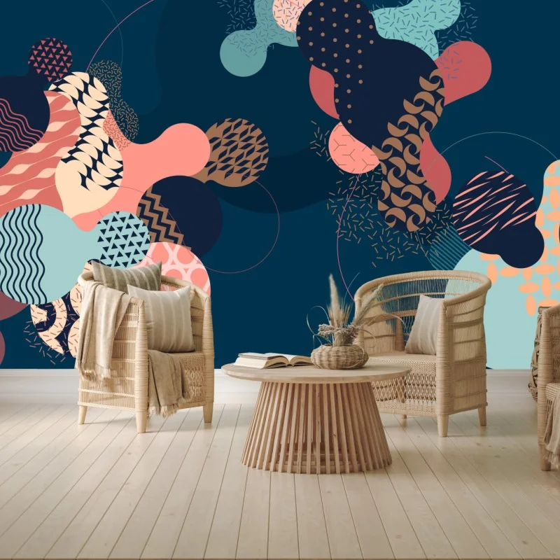 Carta da parati astratto geometrico con forme liquide e motivi ornamentali