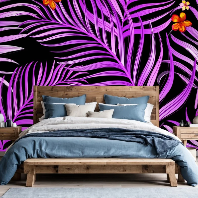 Carta da parati esplosione tropicale: foglie viola e ibischi rossi
