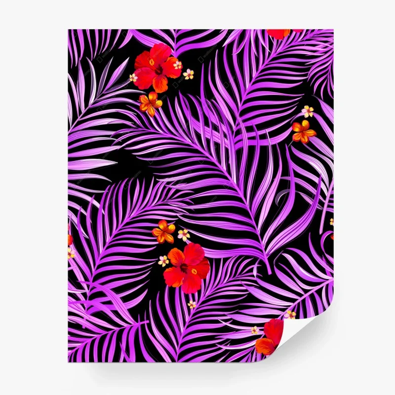 Carta da parati esplosione tropicale: foglie viola e ibischi rossi