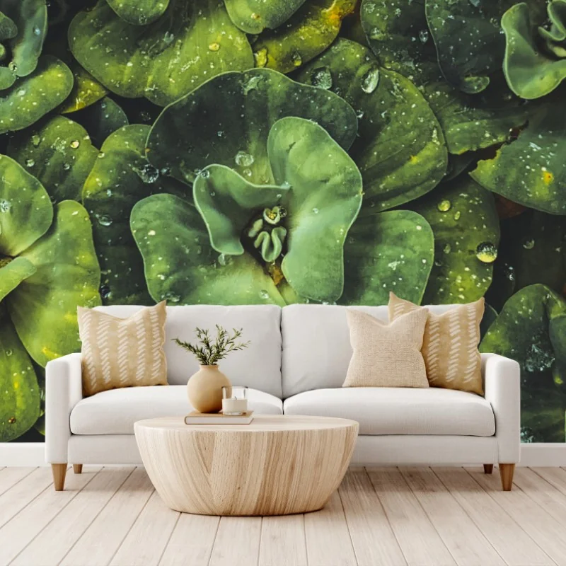 Carta da parati tappeto di foglie verdi e gocce di rugiada