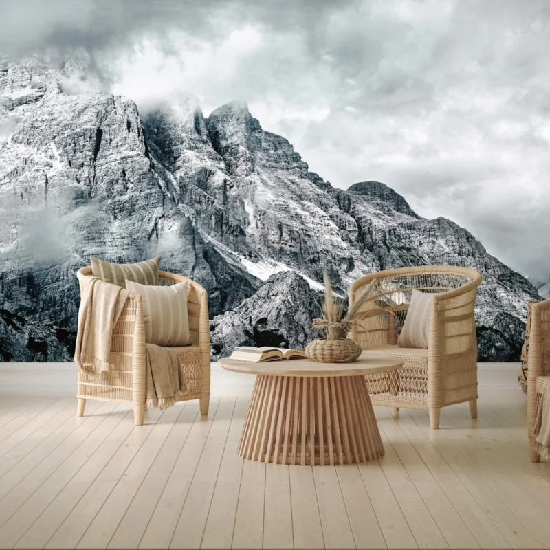 Carta da parati panorama montano drammatico in bianco e nero